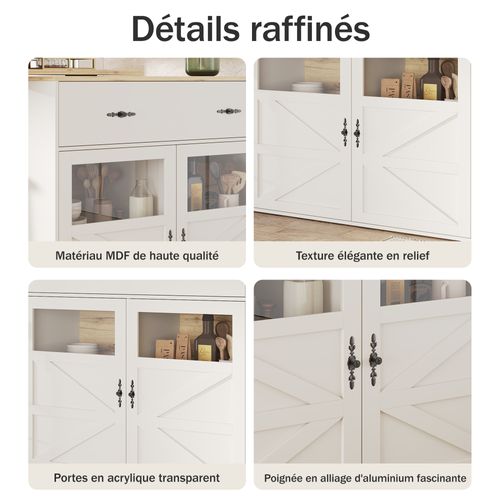 Îlot Cuisine, Buffet Extensible, Tiroirs Et Étagères Latérales, Mdf, Blanc