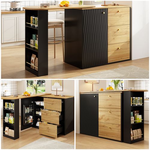 Îlot Cuisine Extensible, Buffet Pivotant 360°, Étagères Et Tiroirs, Mdf, Noir
