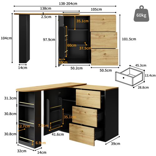 Îlot Cuisine Extensible, Buffet Pivotant 360°, Étagères Et Tiroirs, Mdf, Noir