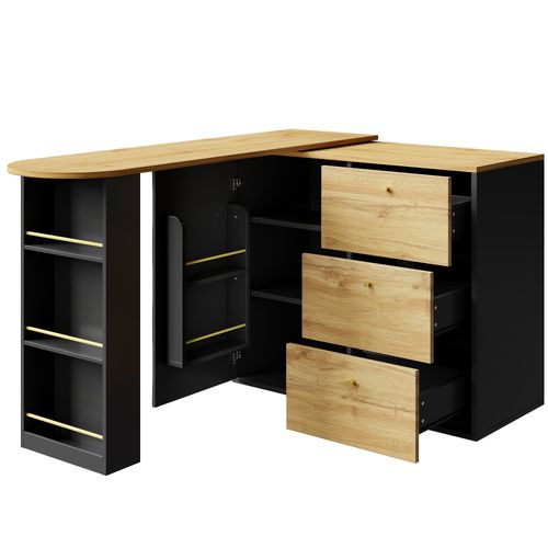 Îlot Cuisine Extensible, Buffet Pivotant 360°, Étagères Et Tiroirs, Mdf, Noir
