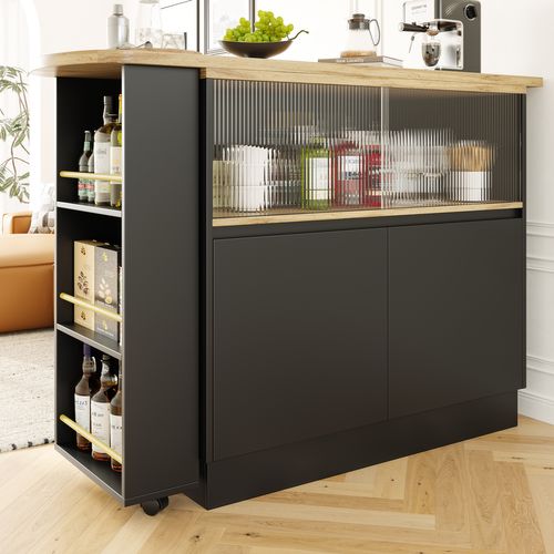 Meuble Bar Cuisine, Table Bar Pivotante, Rangements Et Comptoir Design, Mdf, Noir