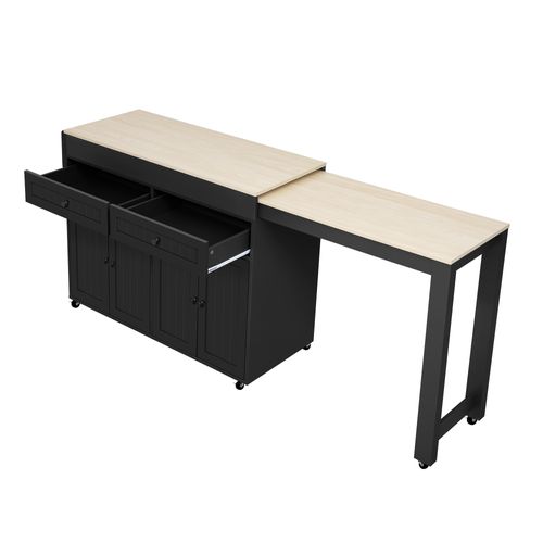 Desserte Cuisine Multifonction, Îlot Roulettes, Tiroirs Et Plateau Extensible, Mdf, Noir
