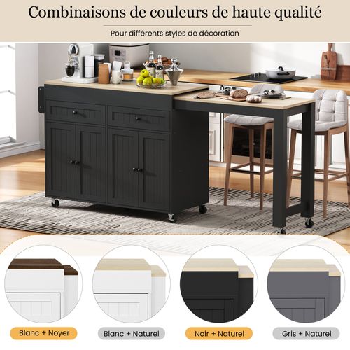 Desserte Cuisine Multifonction, Îlot Roulettes, Tiroirs Et Plateau Extensible, Mdf, Noir