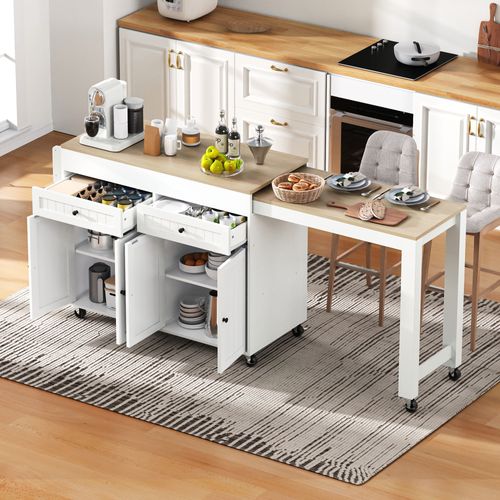 Desserte Cuisine Multifonction, Îlot Roulettes, Tiroirs Et Plateau Extensible, Mdf, Blanc