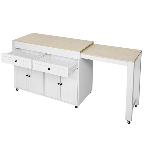 Desserte Cuisine Multifonction, Îlot Roulettes, Tiroirs Et Plateau Extensible, Mdf, Blanc