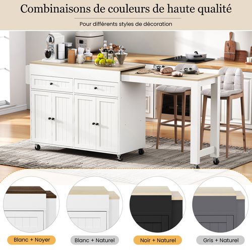 Desserte Cuisine Multifonction, Îlot Roulettes, Tiroirs Et Plateau Extensible, Mdf, Blanc