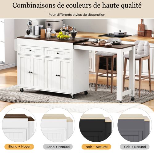 Desserte Cuisine Roulettes, Îlot Indépendant, Tiroirs Et Plan Extensible, Mdf, Noyer