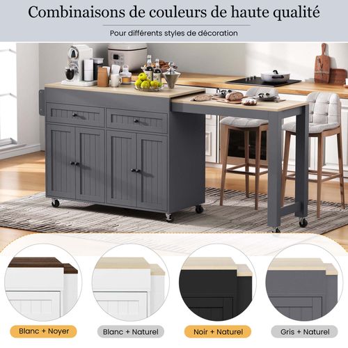 Desserte Cuisine, Îlot Mobile, Plan Et Tiroirs Extensible, Mdf, Gris