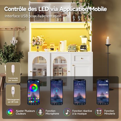 Vitrine Avec LED - Buffet Haut Avec Étagères Ajustables, Meuble De Rangement Pour Salon, Mdf - Beige