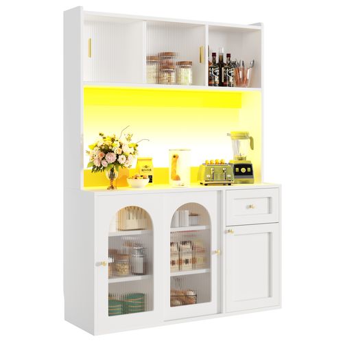 Vitrine Avec LED - Buffet Haut Avec Étagères Ajustables, Meuble De Rangement Pour Salon, Mdf - Beige