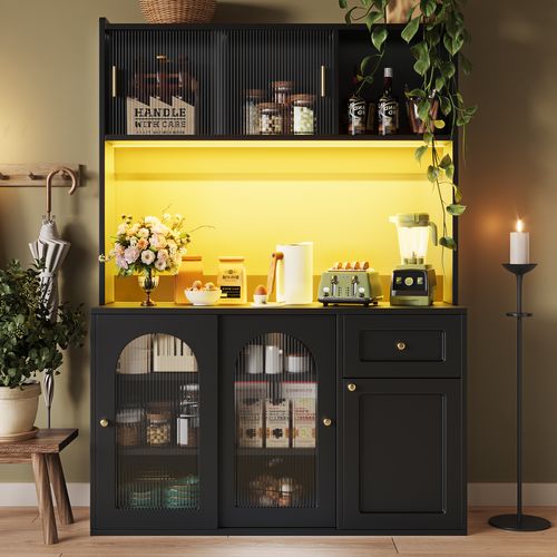 Vitrine Avec LED - Buffet Haut Avec Étagères Ajustables, Meuble De Rangement Pour Salon, Mdf - Noir