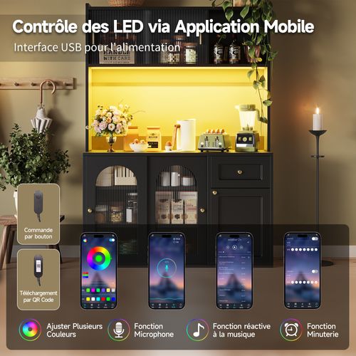 Vitrine Avec LED - Buffet Haut Avec Étagères Ajustables, Meuble De Rangement Pour Salon, Mdf - Noir