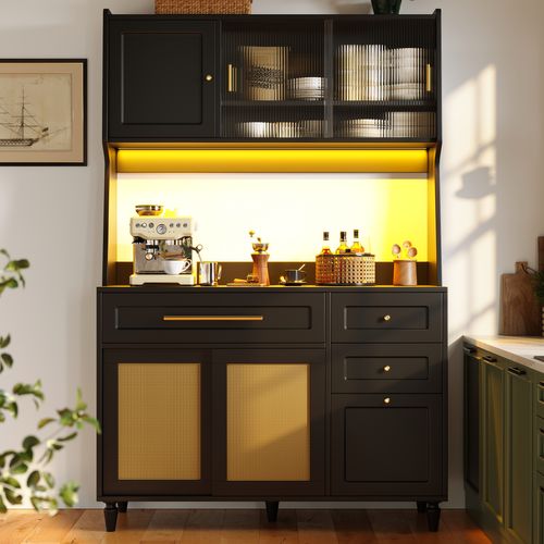 Vitrine LED - Buffet Haut Avec Étagères Ajustables Et 3 Tiroirs, Mdf, Noir