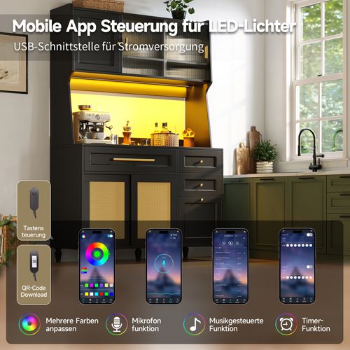 Vitrine LED - Buffet Haut Avec Étagères Ajustables Et 3 Tiroirs, Mdf, Noir