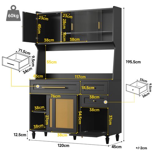 Vitrine LED - Buffet Haut Avec Étagères Ajustables Et 3 Tiroirs, Mdf, Noir