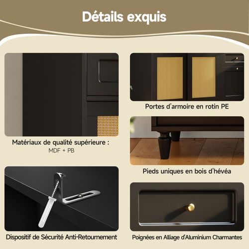 Vitrine LED - Buffet Haut Avec Étagères Ajustables Et 3 Tiroirs, Mdf, Noir