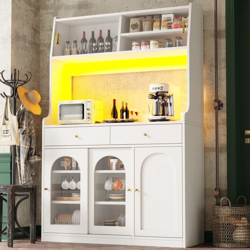 Vitrine LED - Buffet Haut Avec Étagères Réglables Et 2 Tiroirs, Mdf, Beige