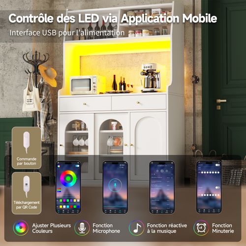 Vitrine LED - Buffet Haut Avec Étagères Réglables Et 2 Tiroirs, Mdf, Beige