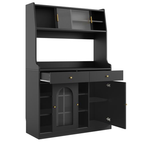 Vitrine LED - Buffet Haut Avec Étagères Réglables Et 2 Tiroirs, Mdf, Noir