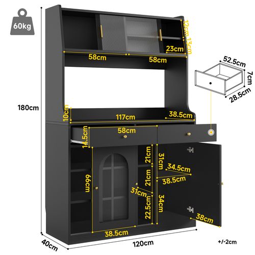 Vitrine LED - Buffet Haut Avec Étagères Réglables Et 2 Tiroirs, Mdf, Noir