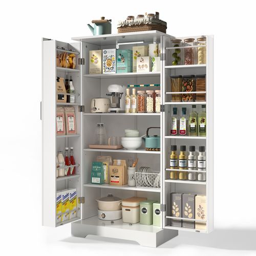 Buffet - Armoire Cuisine Moderne LED, Étagères Ajustables, Bahut Blanc Pb + Mdf