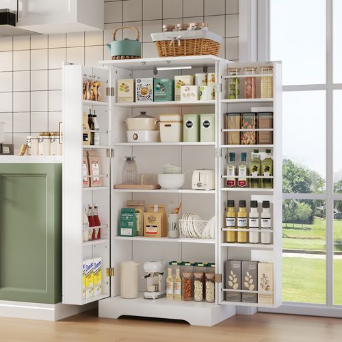 Buffet - Armoire Cuisine LED, Étagères Réglables, Bahut Blanc Moderne Pb + Mdf