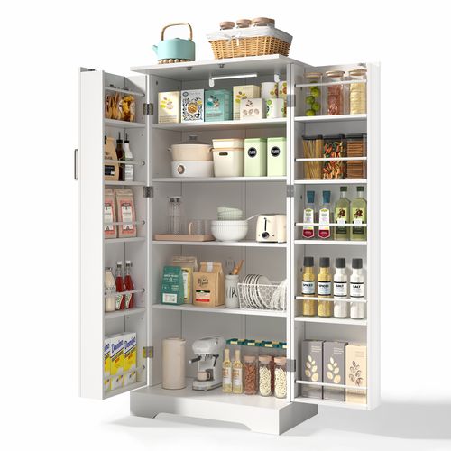 Buffet - Armoire Cuisine LED, Étagères Réglables, Bahut Blanc Moderne Pb + Mdf