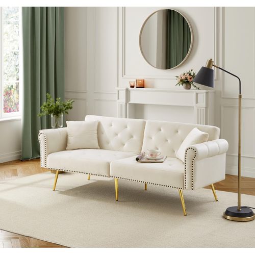 Canapé Convertible 2 Places Velours Beige Avec Dossiers Réglables, Lit 147x85 Cm, Cadre En Métal