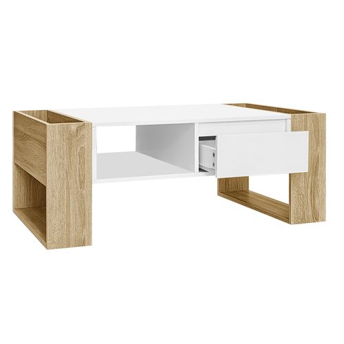 Table Basse, 105×60×40cm, Tiroir Et Compartiments De Rangement, Blanche Et Bois, En Mdf Et Pb.