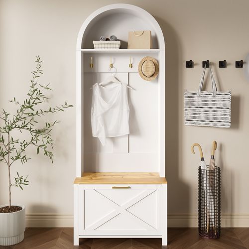 Vestiaire 75x35x195cm, 4 Crochets, 1 Porte, 1 Meuble à Chaussures, moderne, mdf, Couleur Blanc+bois