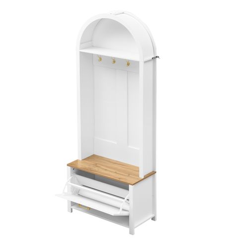 Vestiaire 75x35x195cm, 4 Crochets, 1 Porte, 1 Meuble à Chaussures, moderne, mdf, Couleur Blanc+bois