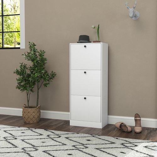 Meuble à Chaussures 47x28x115cm, 3 Portes, moderne, poignées De Forme Arrondie, contreplaqué,blanc