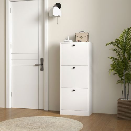 Meuble à Chaussures 47x28x115cm, 3 Portes, moderne, poignées De Forme Arrondie, contreplaqué,blanc