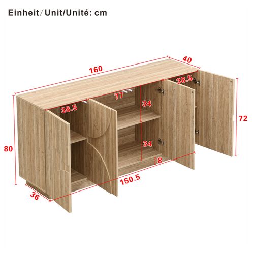 Buffet Bois L.160 Cm Avec 4 Portes Et Étagères, Grand Rangement Pour Salon Et Salle à Manger