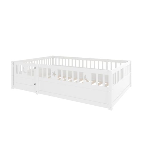 Lit Enfant 140x190 Cm En Bois Avec Barrières De Sécurité Verrouillable Et Sommier à Lattes, Blanc