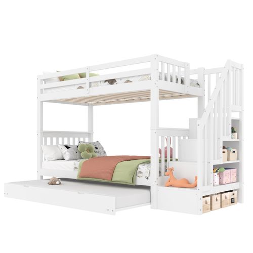 Lit Superposé 90x200 Cm Avec Lit Gigogne, Rangement, Escalier De Sécurité, Sommiers, Bois Blanc