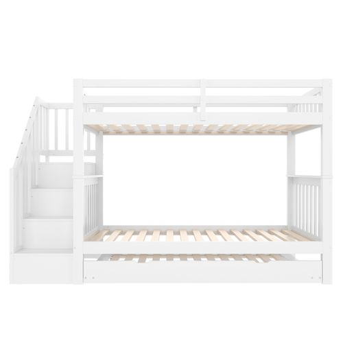 Lit Superposé 90x200 Cm Avec Lit Gigogne, Rangement, Escalier De Sécurité, Sommiers, Bois Blanc