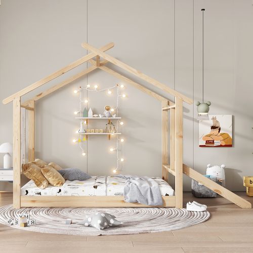 Lit Cabane Enfant 90x200 Cm Bois Avec Toit, Toboggan Et Tableau Blanc, Sommier à Lattes
