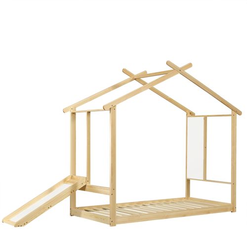 Lit Cabane Enfant 90x200 Cm Bois Avec Toit, Toboggan Et Tableau Blanc, Sommier à Lattes