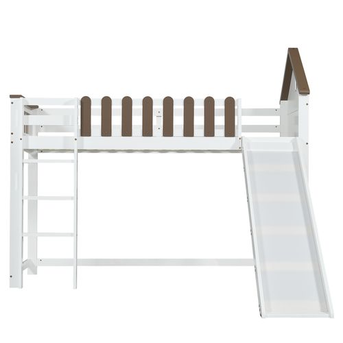 Lit Mezzanine Enfant 90x200 Cm Blanc Et Bois Avec Toît, Fenêtres, Échelle Et Toboggan, En Bois