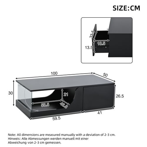 Table Basse, 100x50x30cm, LED, Tiroir Et Stockage Creux, En Mdf Et Verre Trempée, Couleur Noir