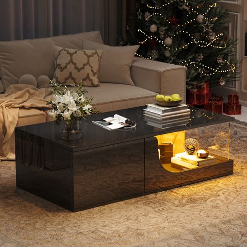 Table Basse, 100x50x30cm, LED, Tiroir Et Stockage Creux, En Mdf Et Verre Trempée, Couleur Noir