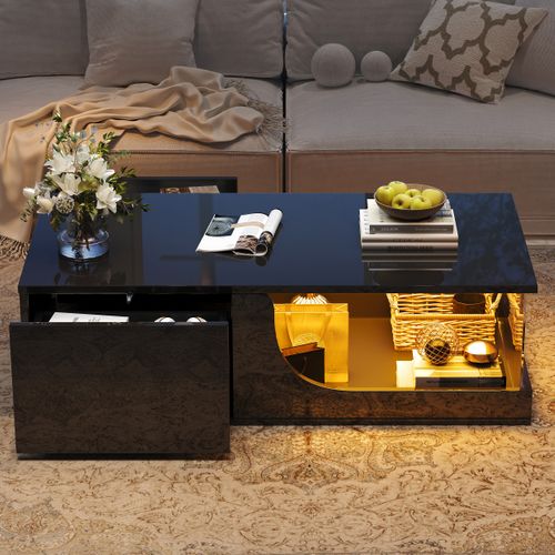 Table Basse, 100x50x30cm, LED, Tiroir Et Stockage Creux, En Mdf Et Verre Trempée, Couleur Noir