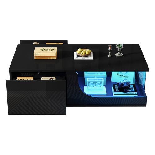 Table Basse, 100x50x30cm, LED, Tiroir Et Stockage Creux, En Mdf Et Verre Trempée, Couleur Noir