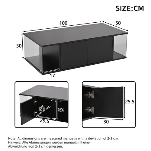 Table Basse, 100*50*30cm, Portes Et Compartiments De Rangement, LED, En Pb Et Verre Trempée, Noir