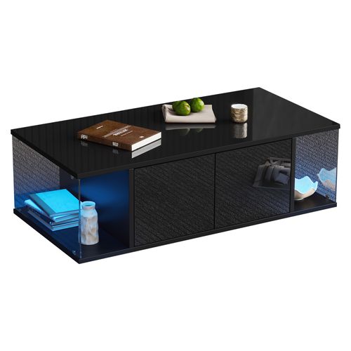 Table Basse, 100*50*30cm, Portes Et Compartiments De Rangement, LED, En Pb Et Verre Trempée, Noir