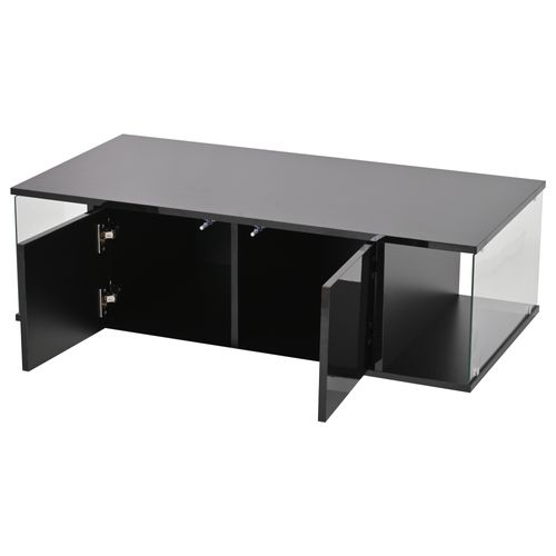 Table Basse, 100*50*30cm, Portes Et Compartiments De Rangement, LED, En Pb Et Verre Trempée, Noir