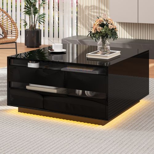 Table Basse Carrée, 70*70*38cm, Plateau Relevable, Espace De Rangement, LED, Tiroir, Pb, Noir.