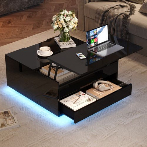 Table Basse Carrée, 70*70*38cm, Plateau Relevable, Espace De Rangement, LED, Tiroir, Pb, Noir.