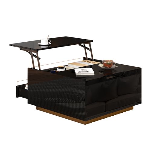 Table Basse Carrée, 70*70*38cm, Plateau Relevable, Espace De Rangement, LED, Tiroir, Pb, Noir.